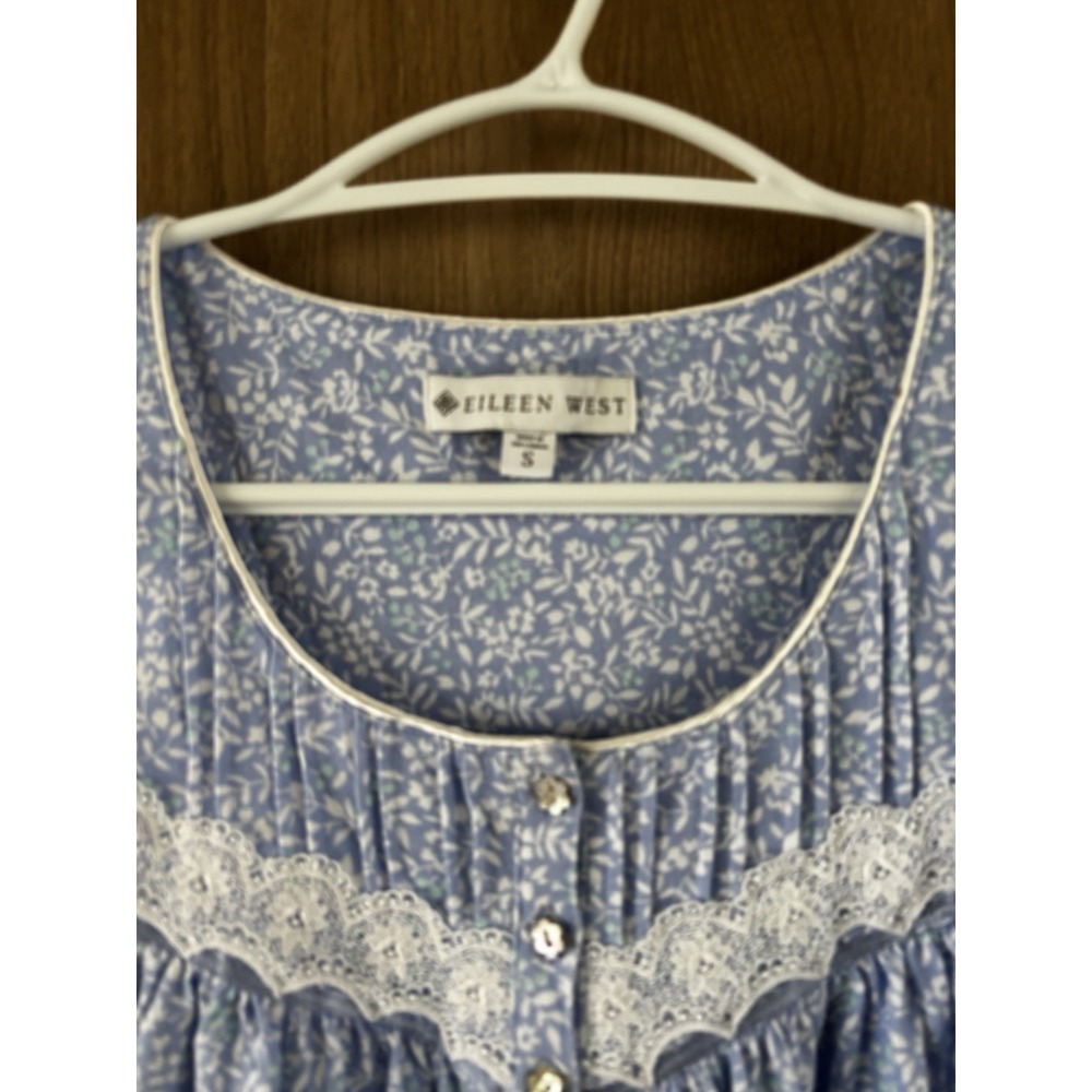 Eileen West Floral Waltz Nightgown Lace Trim Short Sleeve Size S Blue White - Picture 3 of 7
